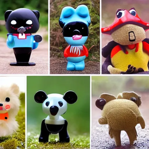 Image similar to some cute plastic toys that look like animal that are dressed as other animal characters, forest colors