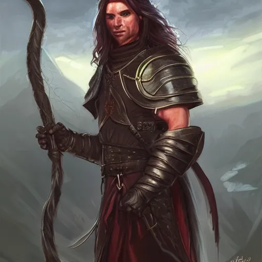 Image similar to male tiefling painter with long tied hair, full body portrait, lightning fantasy magic, medieval city background, D&D, highly detailed, digital painting, HD, ArtStation, great composition, concept art, matte, sharp focus, illustration, art by artgerm and Greg Rutkowski