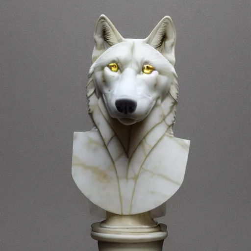 Image similar to a white marble bust of a wolf with gold filigree