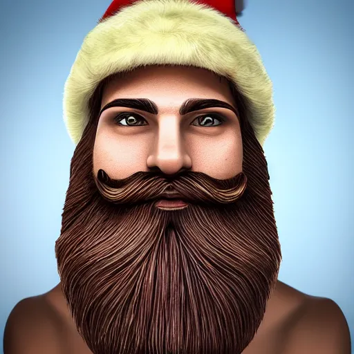 Image similar to strong attractive man face symettry brown beard with christmas hat masculine traits brown hair purple eyes clean skin ultra realistic highly detailed highly realistic 8 k photo realistic