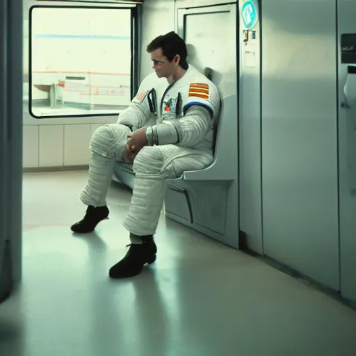 Image similar to a beautiful photo of an astronaut waiting in a laundromat, 1970', soft light, morning light, photorealistic, realistic, octane, 8k, cinematic shot