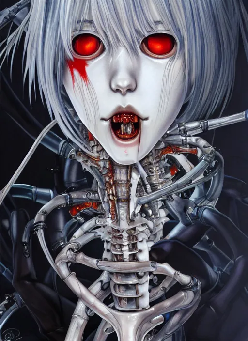 Image similar to Rei Ayanami by Yoshitaka Amano, by HR Giger, biomechanical, profile portrait, 4k, wide ayes, hyper detailed, hyperrealism, anime, deviantart artstation