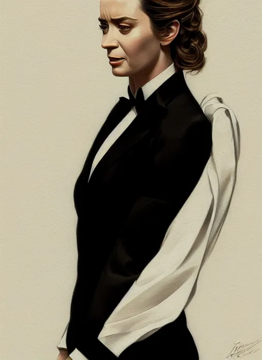 Image similar to portrait of emily blunt as business woman, black suit, white shirt, black tie, boss, intricate, headshot, highly detailed, digital painting, artstation, concept art, sharp focus, cinematic lighting, illustration, art by artgerm and greg rutkowski, alphonse mucha, cgsociety