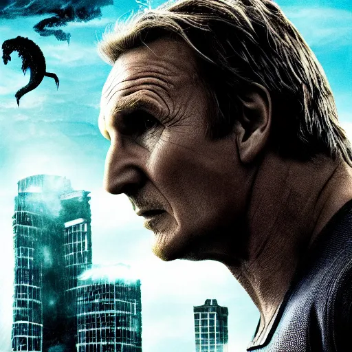 Image similar to liam neeson versus godzilla, movie poster, profile angle, high quality, realistic, head to head