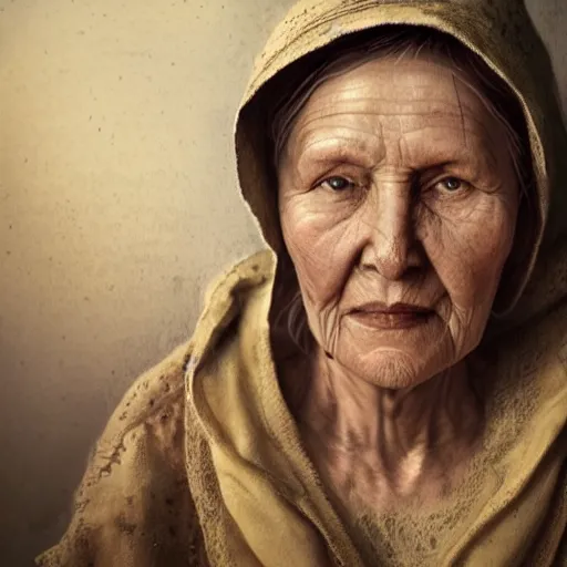 Image similar to hyperrealistic mixed media high resolution image of a Ukrainian grandmother, stunning 3d render inspired art by István Sándorfi and Greg Rutkowski and Unreal Engine, perfect symmetry, dim volumetric lighting, 8k octane beautifully detailed render, post-processing, extremely hyper-detailed, intricate, epic composition, highly detailed attributes, highly detailed atmosphere, full body shot, cinematic lighting, masterpiece, trending on artstation, very very detailed, masterpiece, stunning, flawless structure, lifelike texture, perfection,