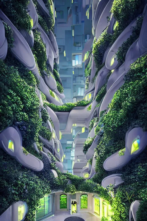 Prompt: extremely detailed awe stunning beautiful futuristic smooth organic apartment building at night, translucent orbs, hyper real, greenery, 8k, colorful, 3D cinematic volumetric light, atmospheric light, studio ghibli inspired, fantasy LUT, high contrast, epic composition, sci-fi, dreamlike, surreal, angelic,