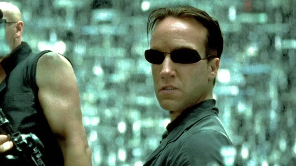 Prompt: movie still of Alex Jones in The Matrix (1999)