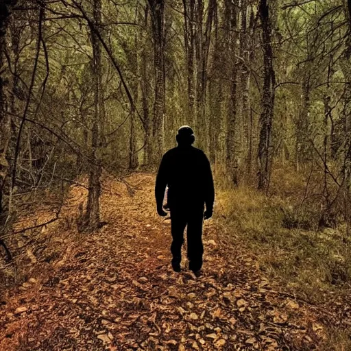 Image similar to old black man walking in woods at night, trail cam footage,