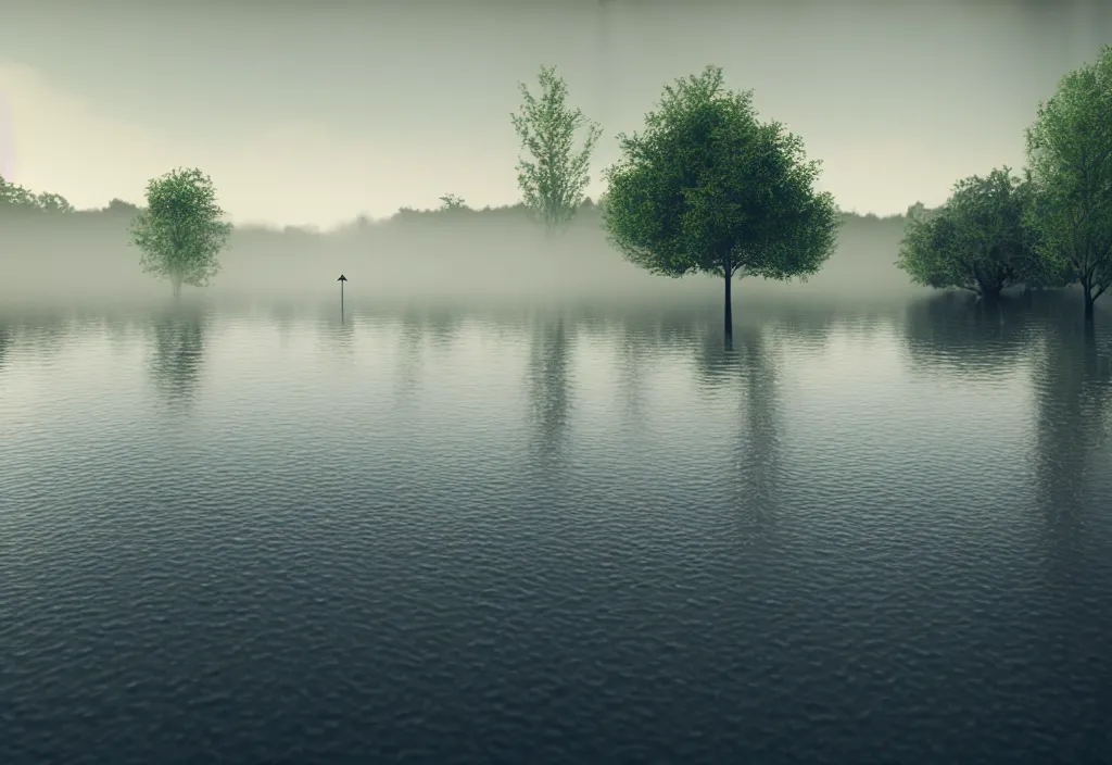 Prompt: kodak portra 4 0 0 photographic and realistic, interior cathedral, detailed, octane render, unreal engine, 8 k, artstation, hyper realistic, wide angle, floor flooded how a lake, hole objects that float, 3 5 mm, sharp focus, soft light, epic volumetric light fog, in the style of gregory crewdson