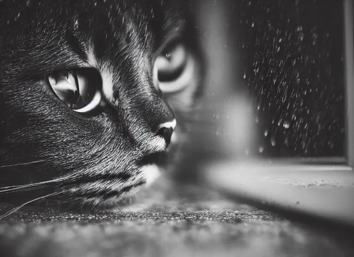 Image similar to photography of a Cat . watching outside the window while it rains. on a bed. in a room full of vinyls and posters, photorealistic, raining award winning photo, 100mm, sharp, high res