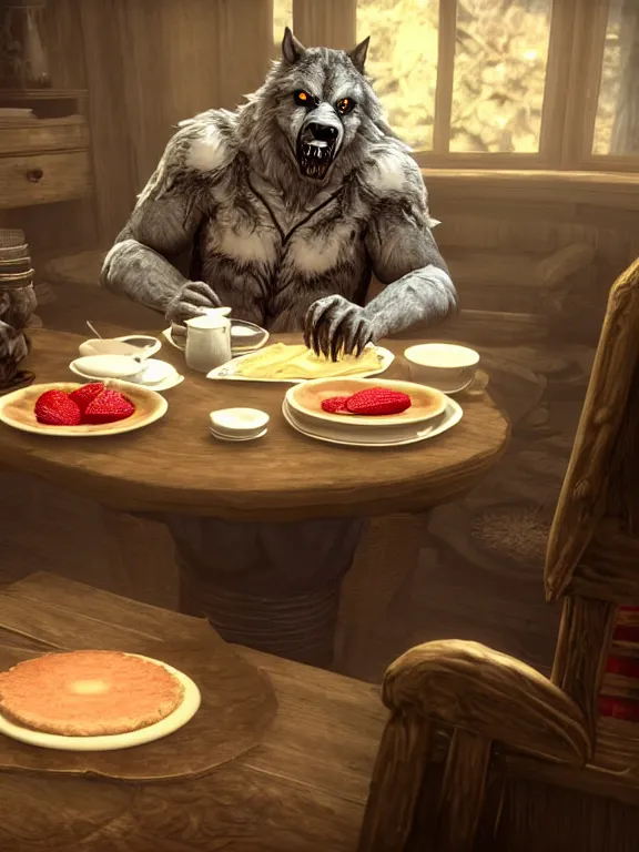 Image similar to cute!!! handsome cuddly burly surly relaxed calm timid werewolf from van helsing sitting down at the breakfast table in the kitchen of a normal country home cooking having fun lighthearted whimsy baking strawberry tart cakes unreal engine hyperreallistic render 8k character concept art masterpiece screenshot from the video game the Elder Scrolls V: Skyrim