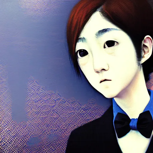 Image similar to yoshitaka amano blurred and dreamy realistic three quarter angle portrait of a young woman with short hair and black eyes wearing office suit with tie, junji ito abstract patterns in the background, satoshi kon anime, noisy film grain effect, highly detailed, renaissance oil painting, weird portrait angle, blurred lost edges