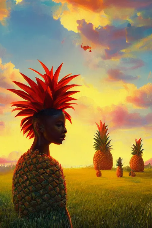 Prompt: closeup, giant pineapple head, girl surrounded by djungle, surreal photography, golden hour, colorful clouds, impressionist painting, digital painting, artstation, simon stalenhag
