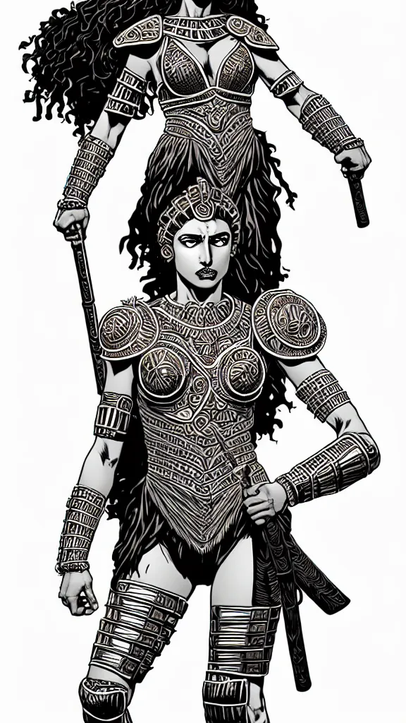 Prompt: greek amazon warrior, a tall beautiful woman with brown skin and long curly dark hair, dressed in hellenistic body armour, intricate, elegant, highly detailed, smooth, sharp focus, detailed face, high contrast, graphic novel, black and white, art by laurie greasley