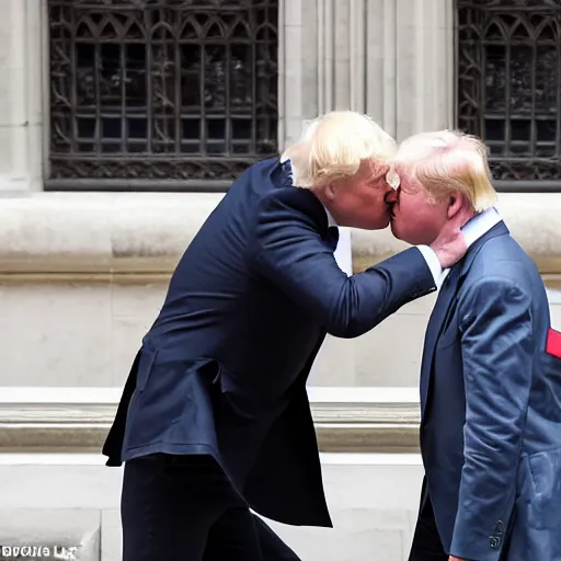 Image similar to a paparazzi photo of boris johnson kissing donald trump along the houses of parliament, london, the sun newspaper, detailed, canon eos, f / 1. 2, 2 0 0 mm lens, photograph