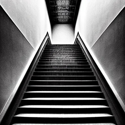 Image similar to black and white surreal photograph, highly detailed vast space made of stairsteps, sideview, detailed textures, natural light, mist, architecture photography, film grain, soft vignette, sigma 1 4 mm f / 1. 4 1 / 1 0 sec shutter, imax 7 0 mm footage