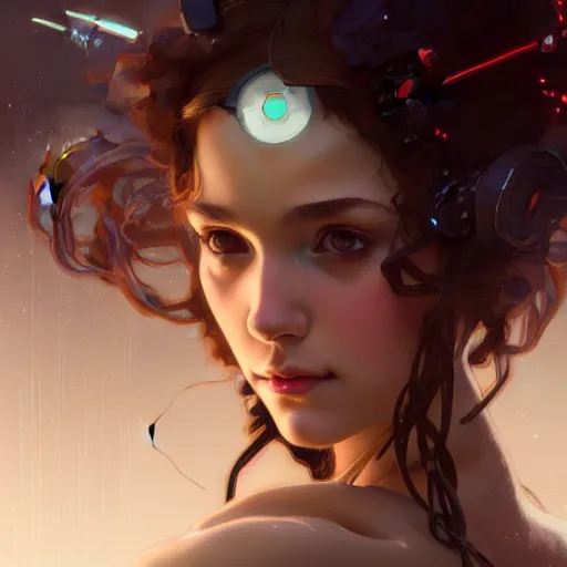 Image similar to portrait of beautiful girl with robot body by artgerm and greg rutkowski and alphonse mucha, close up, portrait, cinematic, elegant, artstation, intricate, highly detailed, digital painting, artstation, concept art, sharp focus, illustration, cyberpunk, cgsociety, 8 k