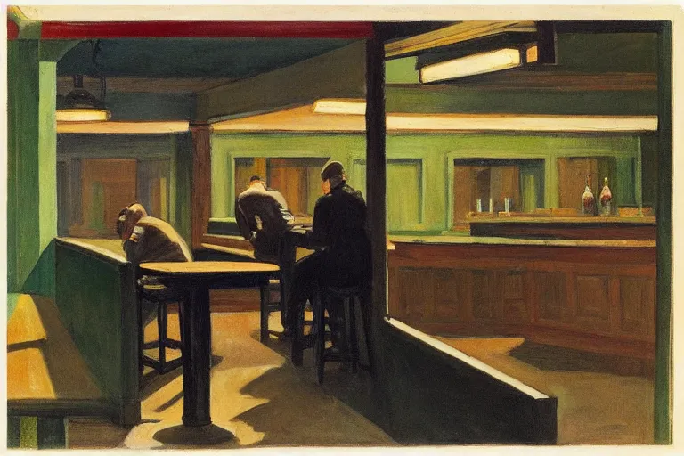 Image similar to mid - thirties guys binge drinking in an empty bar, in the style of edward hopper