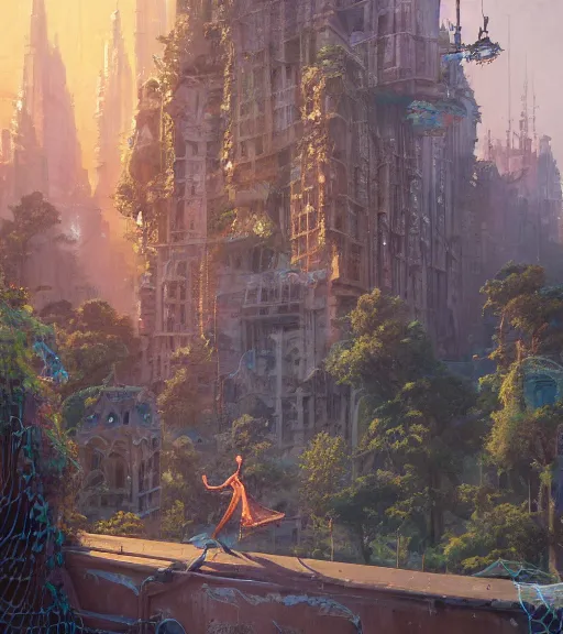 Prompt: highly detailed graffiti of spiderweb, stephen bliss, unreal engine, fantasy art by greg rutkowski, loish, rhads, ferdinand knab, makoto shinkai and lois van baarle, ilya kuvshinov, rossdraws, tom bagshaw, reflective global illumination, god rays, detailed and intricate environment