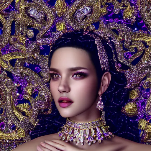 Image similar to portrait of pretty princess with perfect skin, glowing, ornate and intricate diamond jewelry, jaw dropping beauty, glowing backdrop, white accent lighting, hyper detailed, 4 k octane render