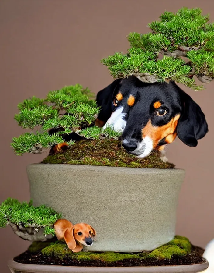 Image similar to Bonsai dachshund growing from a bonsai pot