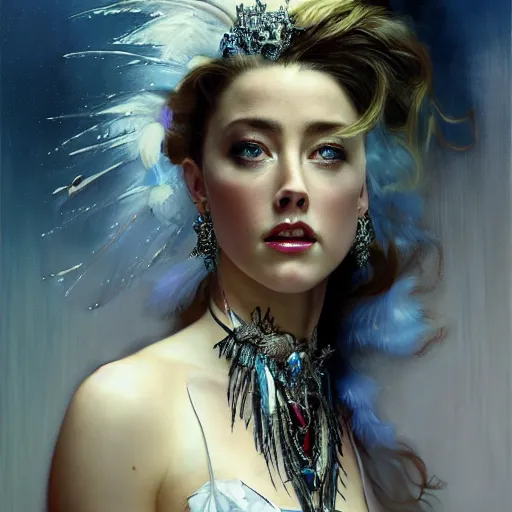 Image similar to hyperrealistic portrait of a woman as amber heard performing noir singing dance in a white swan dress wearing sapphire jewellery feather collar by jeremy mann and alphonse mucha, fantasy art, photo realistic, dynamic lighting, artstation, poster, volumetric lighting, very detailed faces, 4 k, award winning