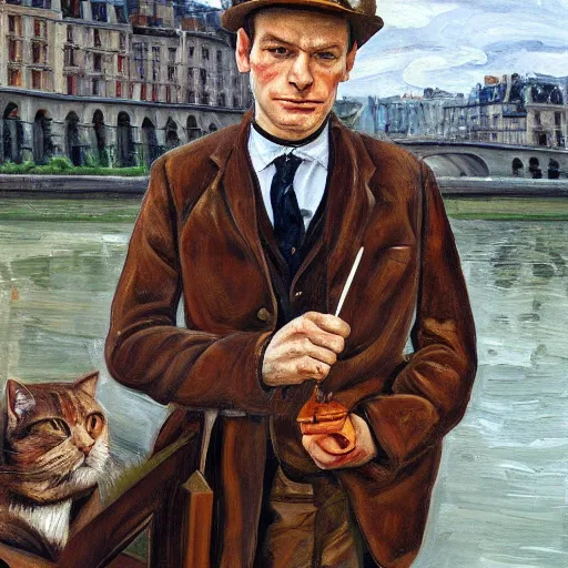 Image similar to high quality high detail painting by lucian freud, hd, ewan mcgregor painting a canvas on easel by river seine dressed as a gentleman in paris at early 2 0 th century. brown cat with him