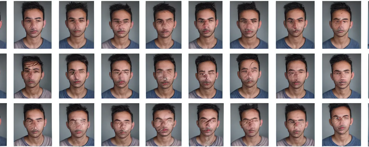 Prompt: a grid of male passport photographs with ugly expressions, 50mm lens, mix of ethnicities, contact sheet