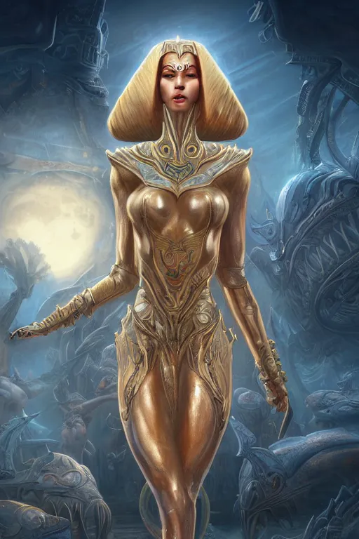 Image similar to portrait of a beautiful female hybrid atlantean anubis elsa jean, alien warrior regal, realistic, refined, detailed, digital art, jessica rossier, michael cheval, esao andrews, steampunk, walt disney ( 1 9 3 7 ), francois boucher, oil painting, highly detailed, cinematic lighting, unreal engine, 8 k, hd