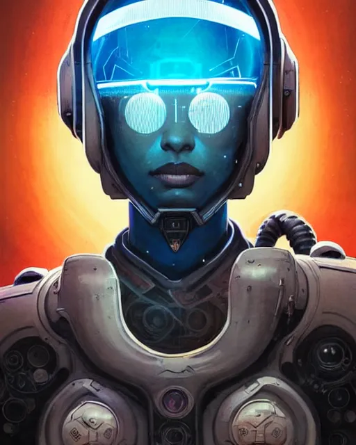 Prompt: sojourn from overwatch, african canadian, gray hair, character portrait, portrait, close up, concept art, intricate details, highly detailed, vintage sci - fi poster, retro future, vintage sci - fi art, in the style of chris foss, rodger dean, moebius, michael whelan, and gustave dore
