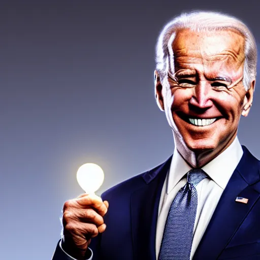 Prompt: Joe Biden smiling with a light bulb above his head, realistic, 8k resolution, HD Quality