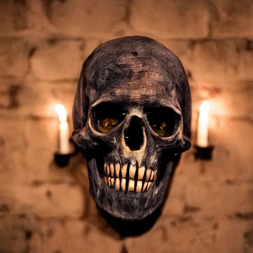 Image similar to photography, horror, a rotting undead corpse wears a wax face mask to conceal the skeletal face beneath, disturbing, dusk, medieval tavern