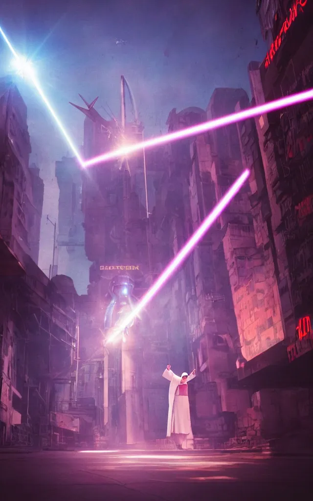 Image similar to Pope shooting bright lasers in front of robotic nuns, 80s, science fiction, cyberpunk, neon, low angle shot, cross, pope, movie poster, futuristic