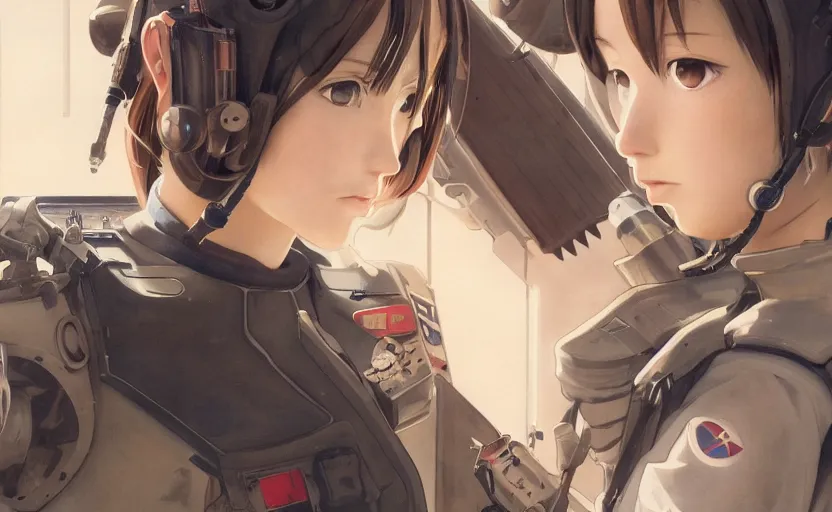 Prompt: pilot girl, cyborg aircraft parts, anime style, vintage pilot clothing, shoulder eyes, last exile anime, hair down, symmetrical facial features, from arknights, hyper realistic, 4 k, rule of thirds, extreme detail, detailed drawing, trending artstation, realistic lighting, by alphonse mucha, greg rutkowski, military airport in bg