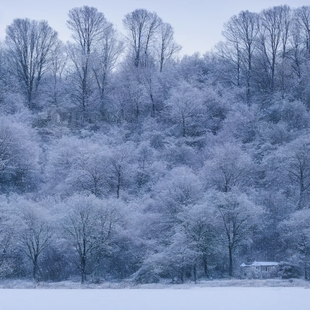 Image similar to landscape with house near forest and small pond, sunny winter evening, snowing, blizzard ambient, atmospheric, mystical, very detailed 4 k, professional photography