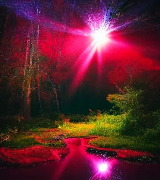 Prompt: photography at night of a red ethereal pond, a central sunlight glare, mystical lights, cyber futuristic lights in the sky, masterpiece, epic, cinematic, hyperealistic photo, high detailed, flashlight at night