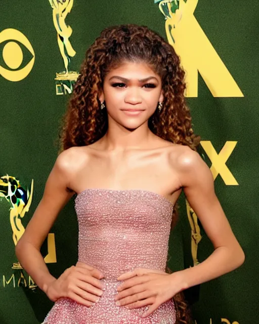 Image similar to zendaya on the red carpet at the emmys, nighttime, bright lights, flash photography, by cameldeath