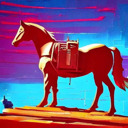 Image similar to 4 0 1 1 6 7 1 9 2 4 a graph style gauche impasto, horse is not mine, steampunk, cyberpunk art by james gilleard, city depth of field, cgsociety, retrofuturism, synthwave, retrowave, outrun, paint, high detail.