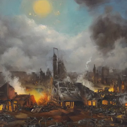 Image similar to oil painting of a village being destroyed by a giant alien