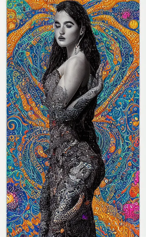 Image similar to detailed intricate amazing poster for a weird, euphonious and lamprophony beautiful woman on onlyfans in a turbulent ocean, by keith beltramini and tim white. pointillism. hypermaximalist. beautiful arabic patterns. unreal engine. trending on artstation.