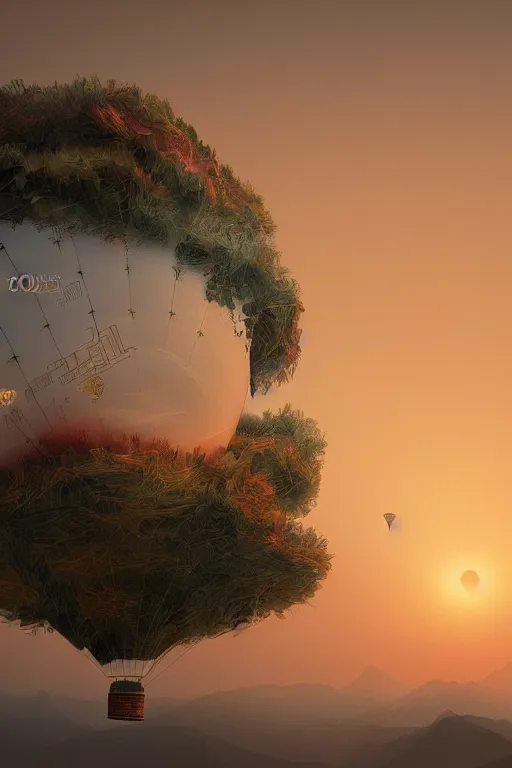 Image similar to sunrise mountain water hot air balloon digital art by bo xun lin trending on artstation