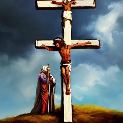 Image similar to painting of three 1st century empty crucifixion crosses on calvary hill, miraculous cloudy backdrop, by Tony Sart, ArtStation, Detailed, realistic