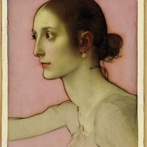 Prompt: portrait of a beautiful young lady with silver eyes, colored daguerreotype by pontormo, by bosch, by mucha, by Mackintosh, by max ernst, art noveau, liminal, eerie, Bright pastel colors