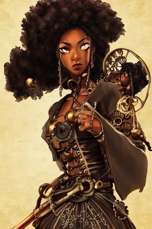 Image similar to beautiful steampunk african girl with a large afro holding samurai sword. wearing cloak, tight futuristic armor, artgerm, trending on artstation, character concept art, bokeh