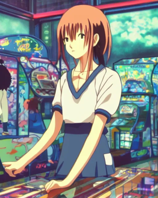 Image similar to a girl at the arcade, full shot, visible face, ambient lighting, detailed, very modern anime style, art by hayao miyazaki, masashi kishimoto, makoto shinkai