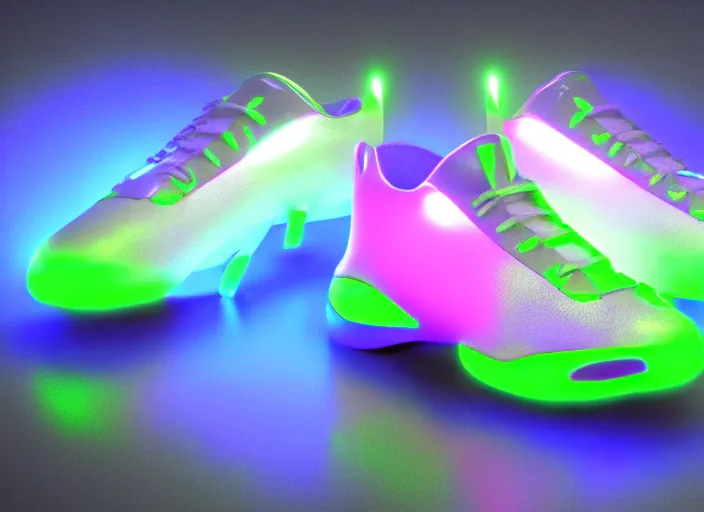 Image similar to futuristic generative design sneakers with neon lights in the style of cyberdog, product shot, dynamic lighting, octane render