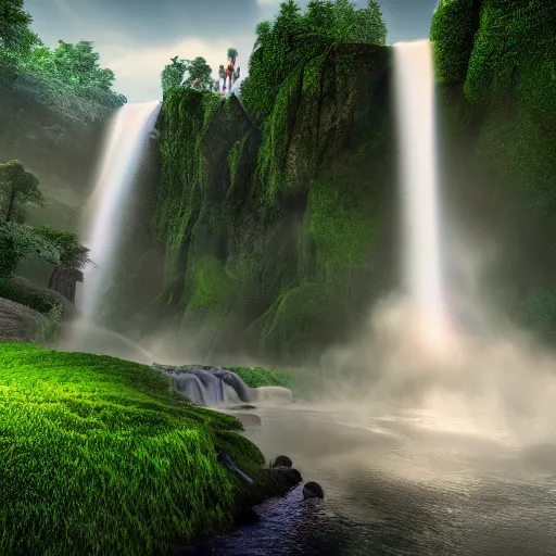 Prompt: fantastic landscape with waterfall high resolution beautiful lighting vivid colors unreal engine, 4 k wallpaper