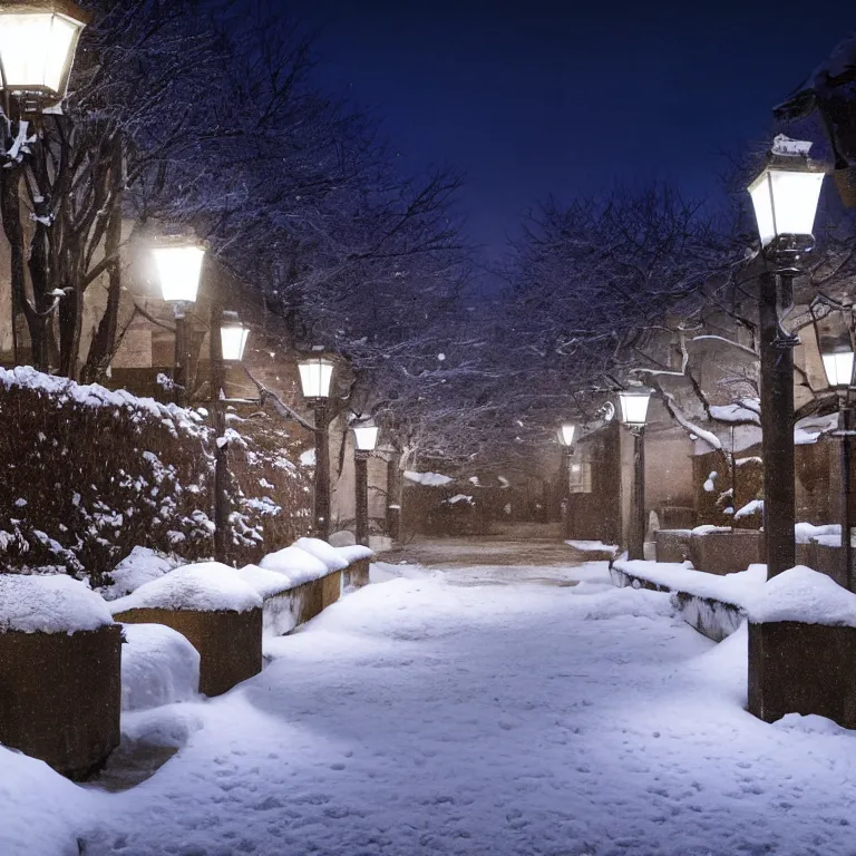 Image similar to snowy japanese courtyard illuminated by street lamps, high resolution photograph