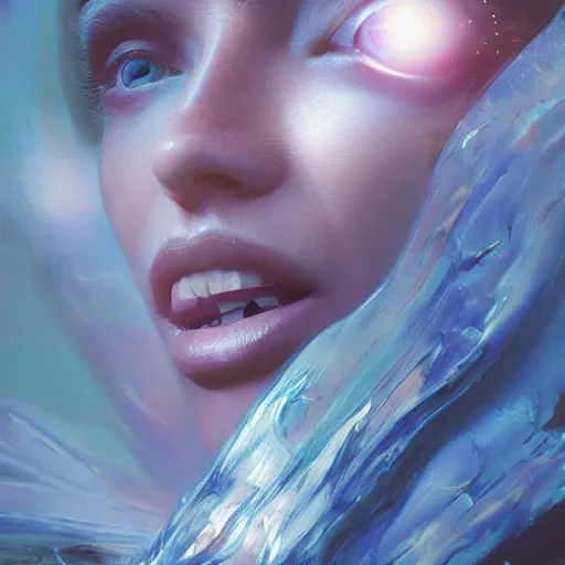 Image similar to 3 d, sci - fi, close - up, night, smiling fashion model face, sun, cinematic, clouds, sun rays, vogue cover style, poster art, blue mood, realistic painting, intricate oil painting, high detail illustration, figurative art, multiple exposure, poster art, 3 d, by tooth wu and wlop and beeple and greg rutkowski