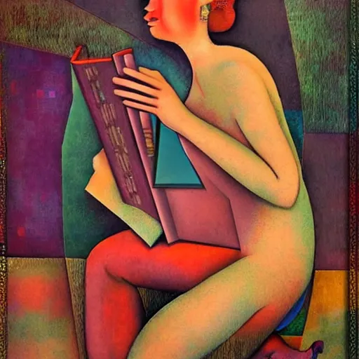 Prompt: interesting maximalist elaborate full body portrait of a futuristic girl, in a fancy dress, reading a book. in the style of Caravaggio, Amedeo Modigliani, kawase hasui and paul klee. mixed media, vibrant 3d textures, shiny pastel tones. HD 8x no frame